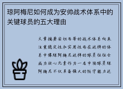 琼阿梅尼如何成为安帅战术体系中的关键球员的五大理由