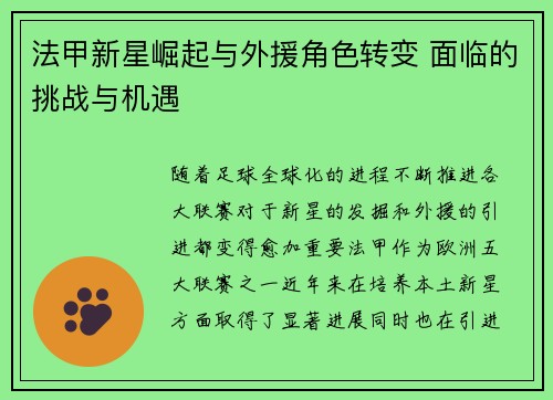 法甲新星崛起与外援角色转变 面临的挑战与机遇