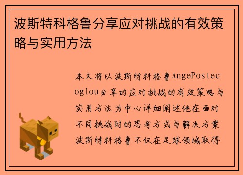 波斯特科格鲁分享应对挑战的有效策略与实用方法 波斯特科格鲁分享应对挑战的有效策略与实用方法